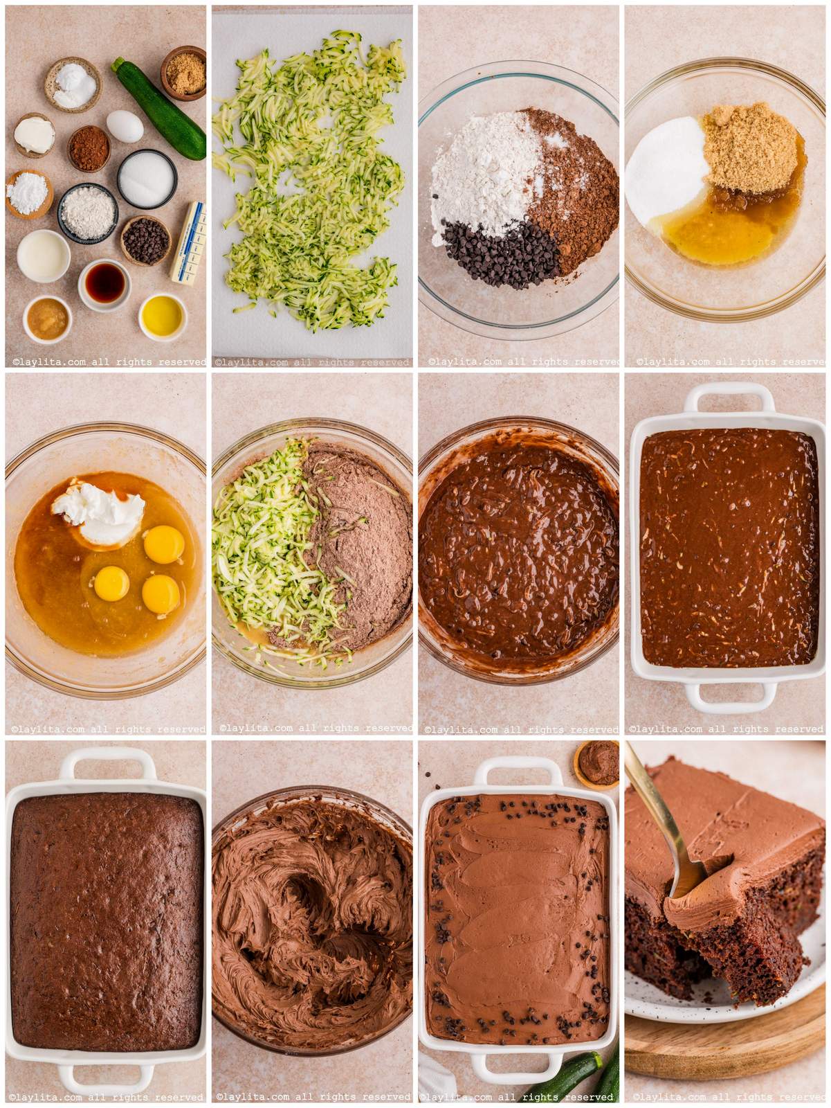 Photo collage of the step by step preparation process for Chocolate Zucchini Cake recipe
