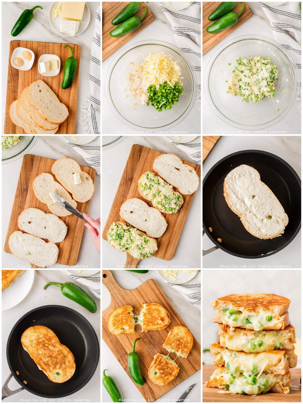 Collage of the step by step preparation process photos for Jalapeño Popper Grilled Cheese Sandwiches