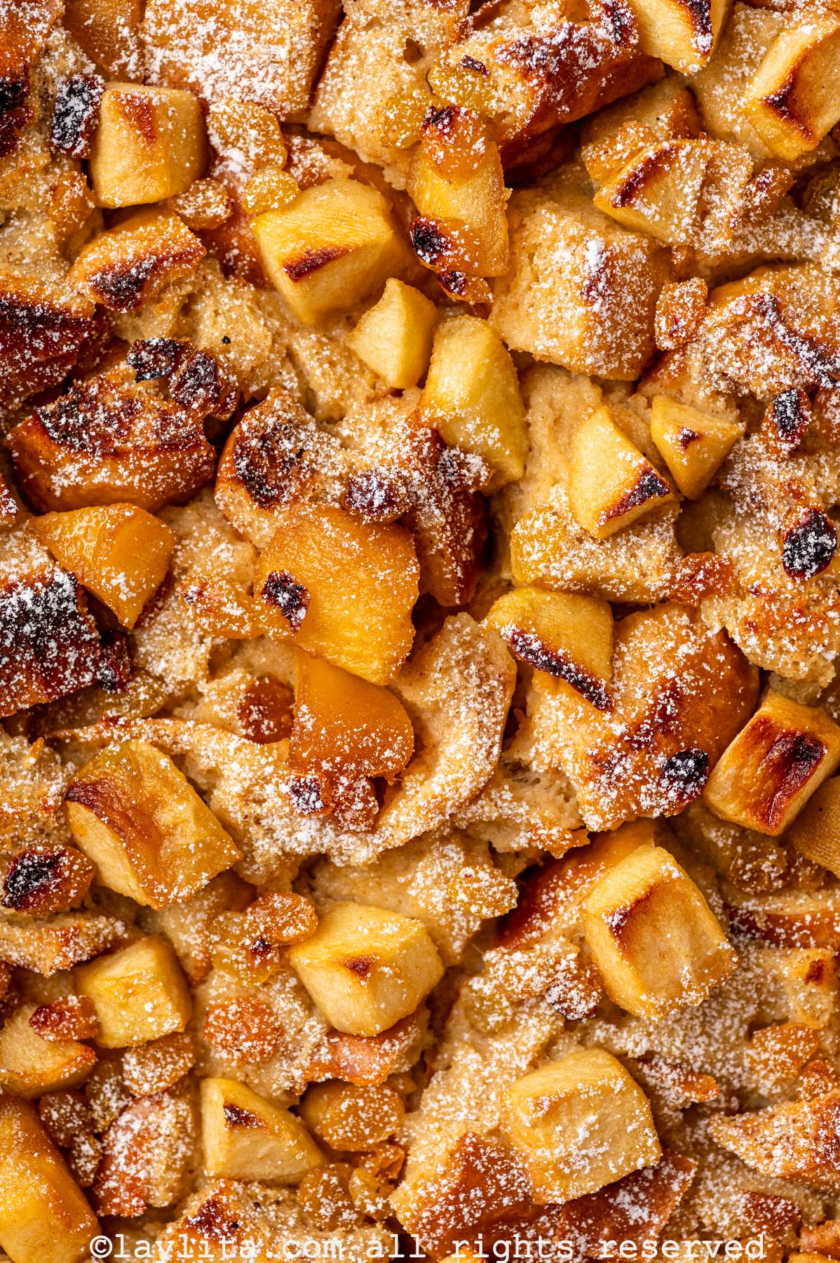 Closeup of apple raisin bread pudding topped with powdered sugar