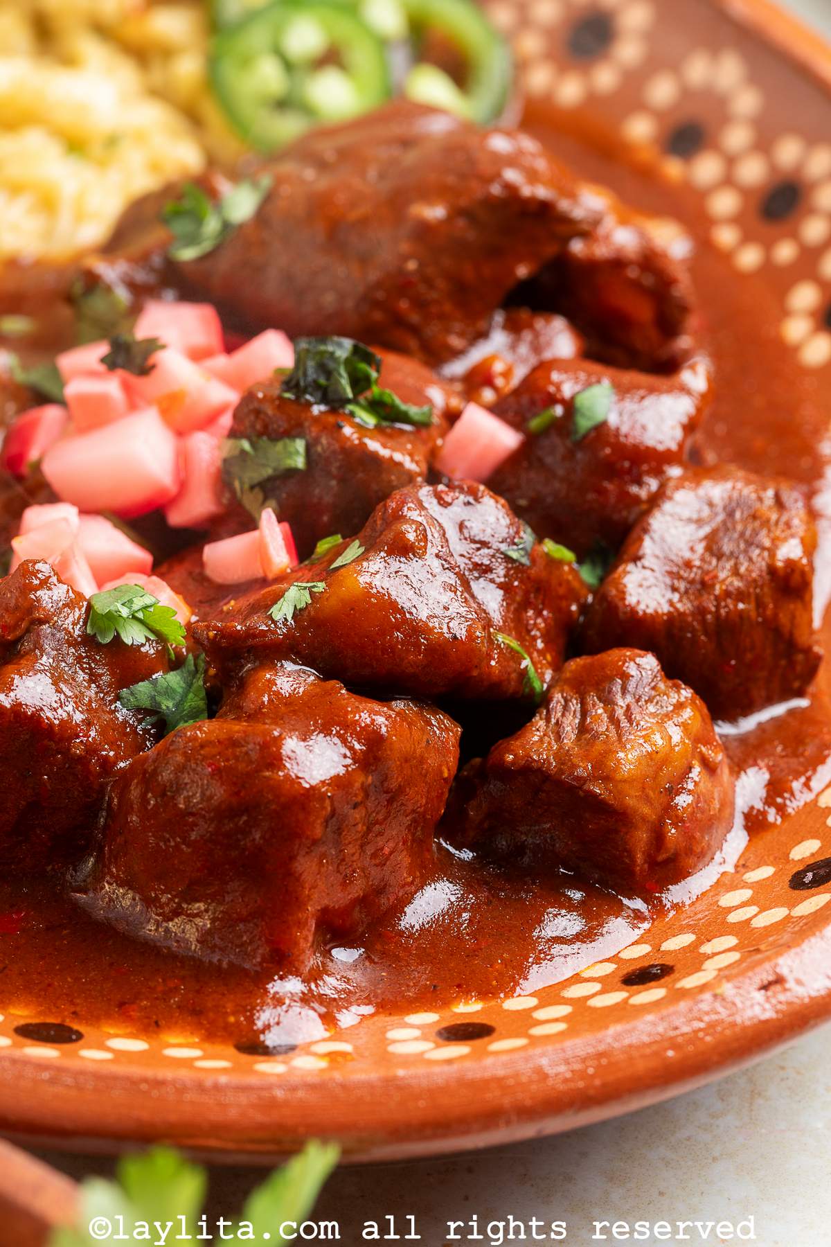 Close-up of Beef Chile Stew topped with diced pickled radishes and cilantro on a platter