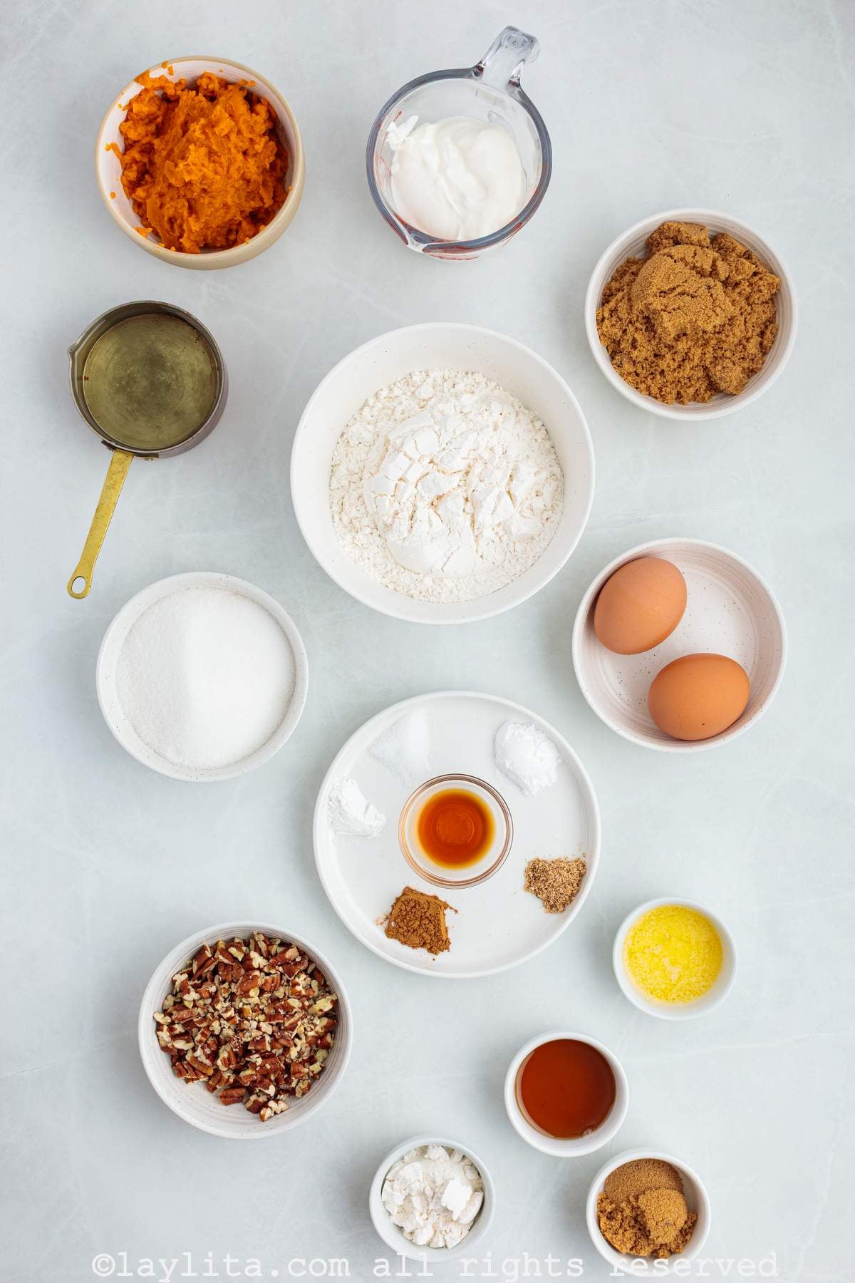 Ingredients for Sweet Potato Loaf Cake on a kitchen counter