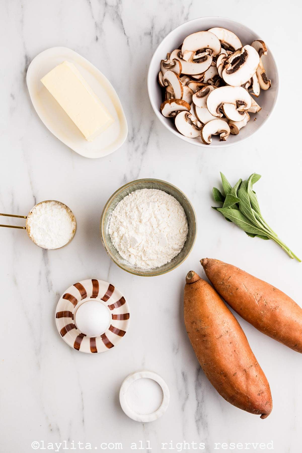 Ingredients for Sweet Potato Gnocchi with mushroom sage butter sauce on a kitchen counter