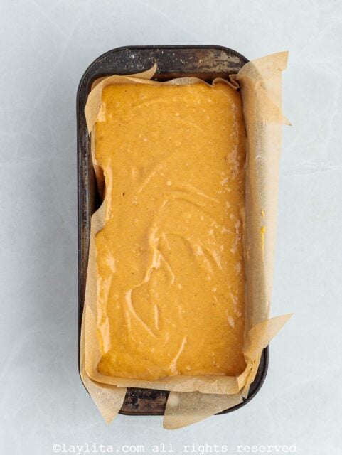 Sweet potato bread loaf in a baking pan before baking