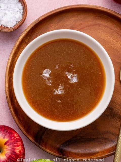 Salted caramel in a white bowl