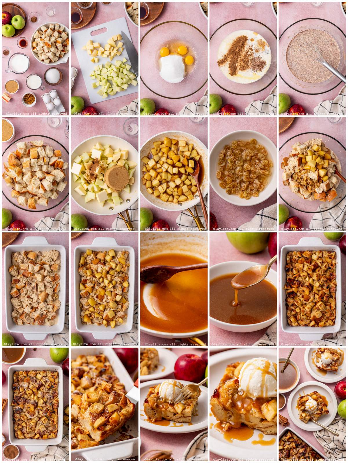 Photo collage of the step by step preparation process for Apple Bread Pudding With Salted Caramel