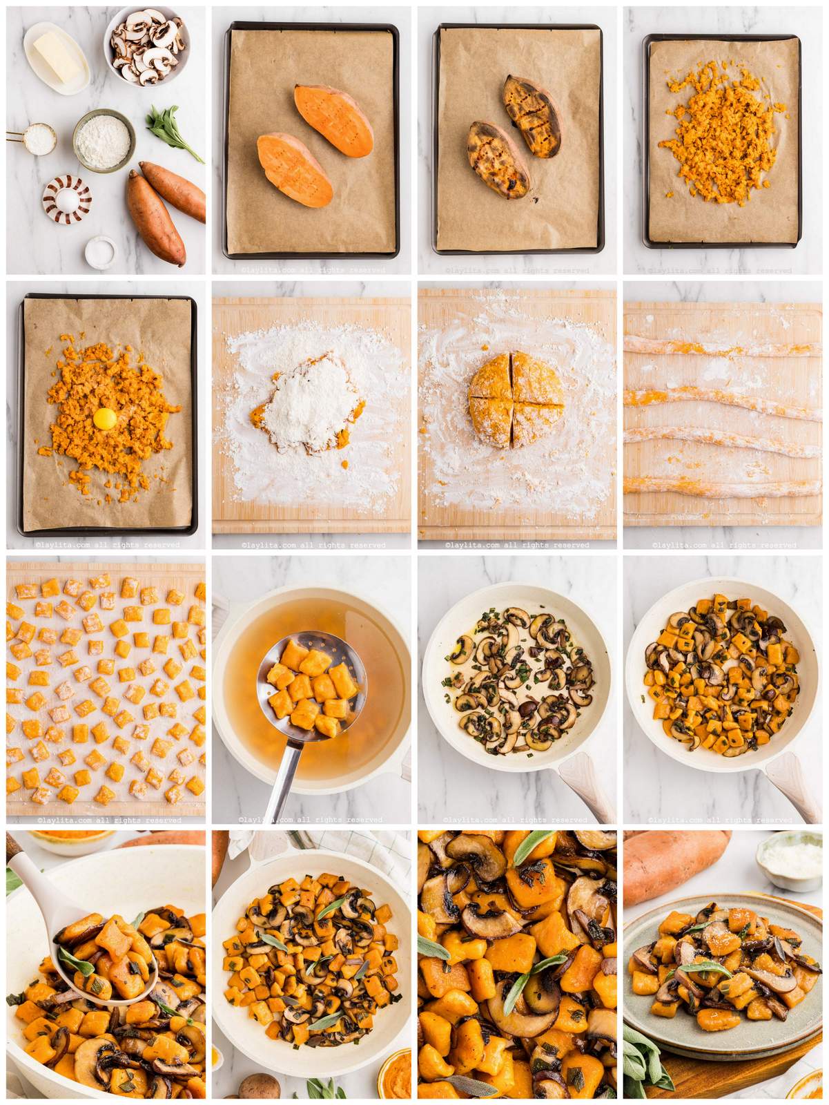 Photo collage of the step by step preparation process for making sweet potato gnocchi with mushroom sage butter sauce