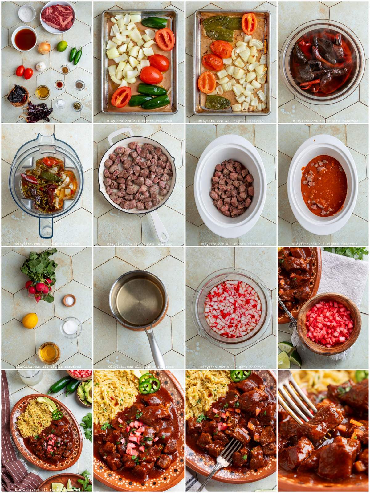 Collage of the step by step preparation process photos for Beef Chili Colorado in a slow cooker