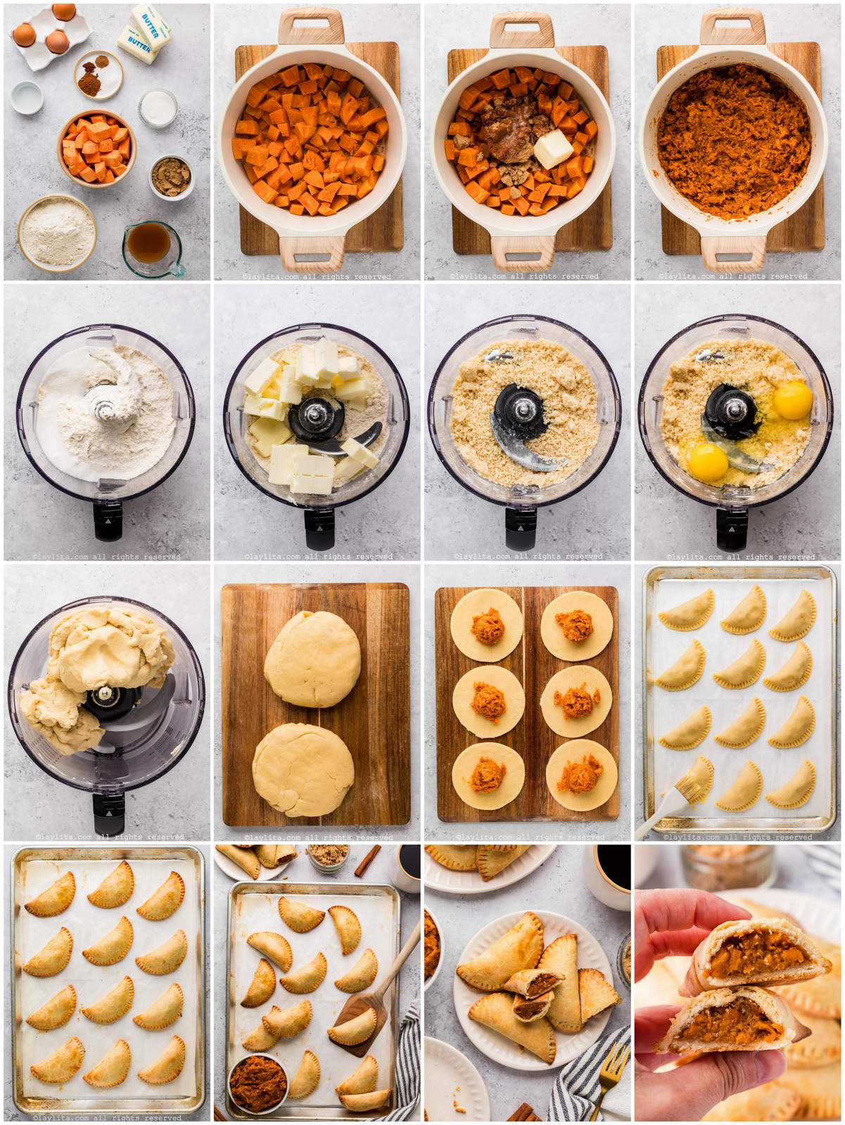 Collage of the step by step preparation process photos for sweet potato empanadas recipe