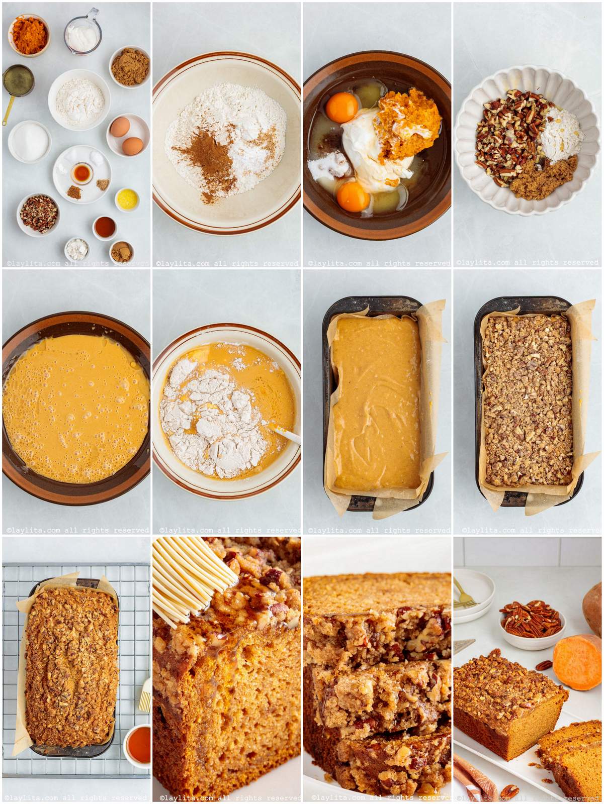 Collage of the step by step preparation process photos for sweet potato loaf cake with maple pecan streusel topping