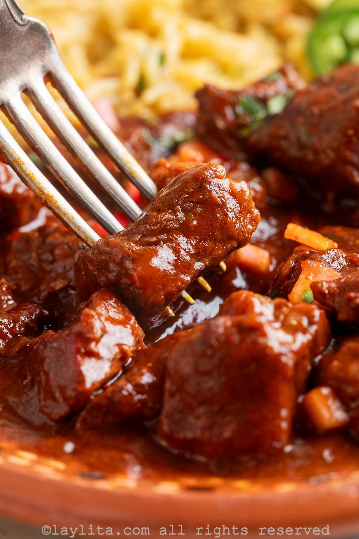 Close-up view of a fork piercing a piece of beef in red chile sauce with the rest of the stew on a brown platter